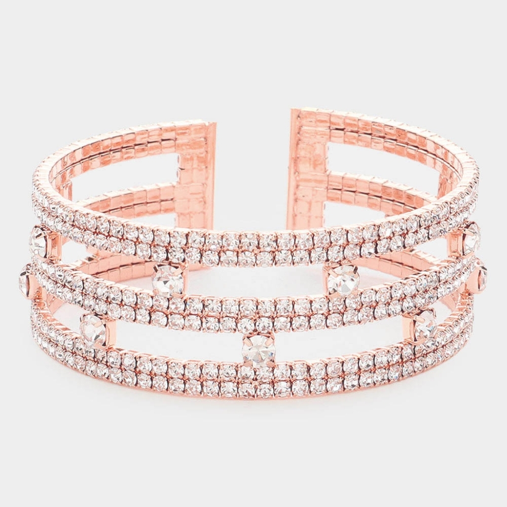RoseGold Crystal Rhinestone Style Round Stone Split Layered Bling Cuff Bracelet